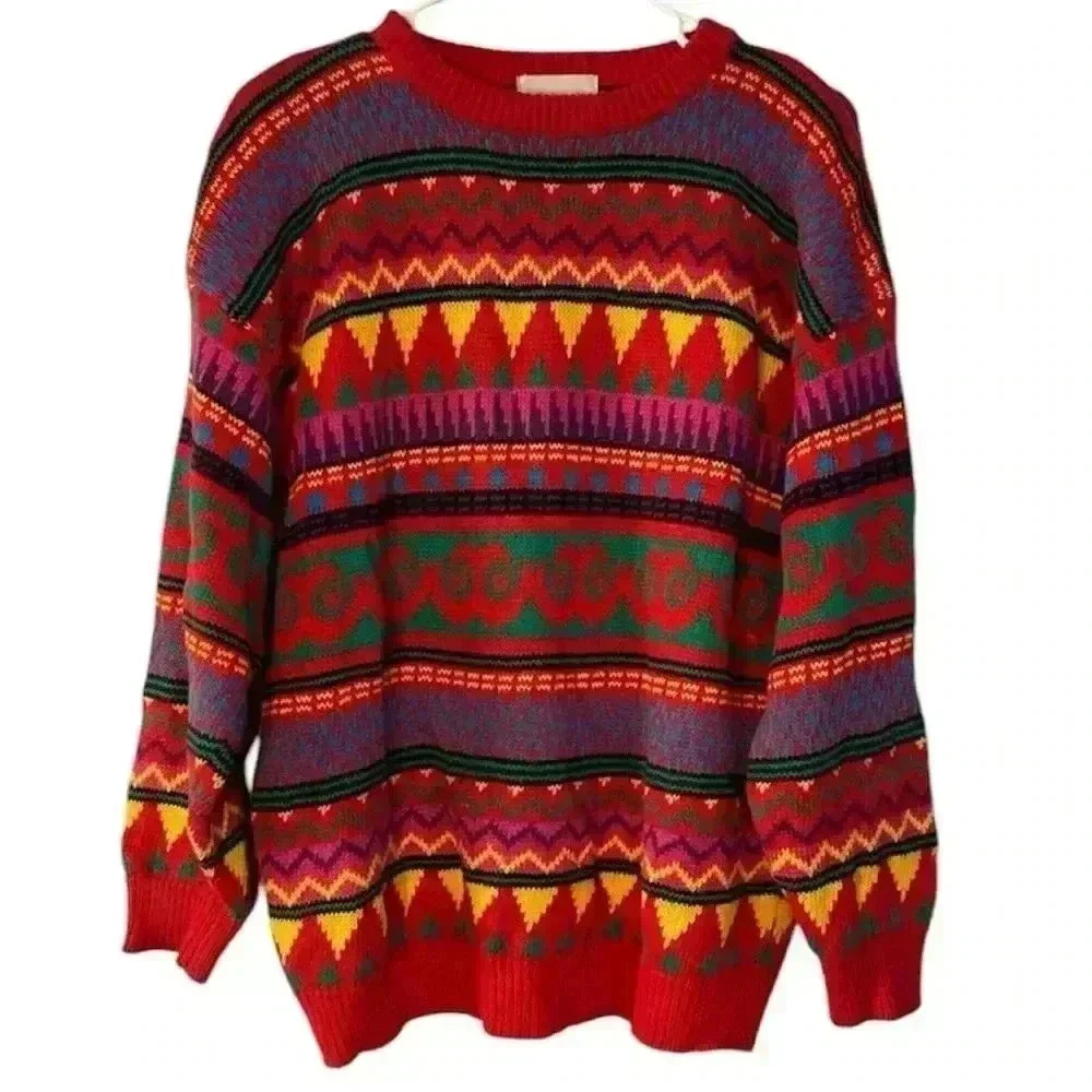 Vintage 90s Geometric Novelty Knit Crew Neck Grandpa Cosby Sweater Colorblock M‎